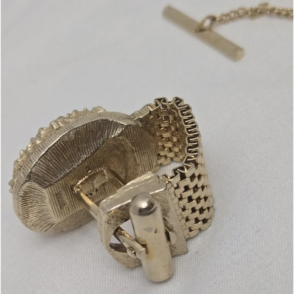 Vintage SWANK Mesh Wrap Around Cufflinks & Tie Tack Set Watermelon Rivoli AB...
